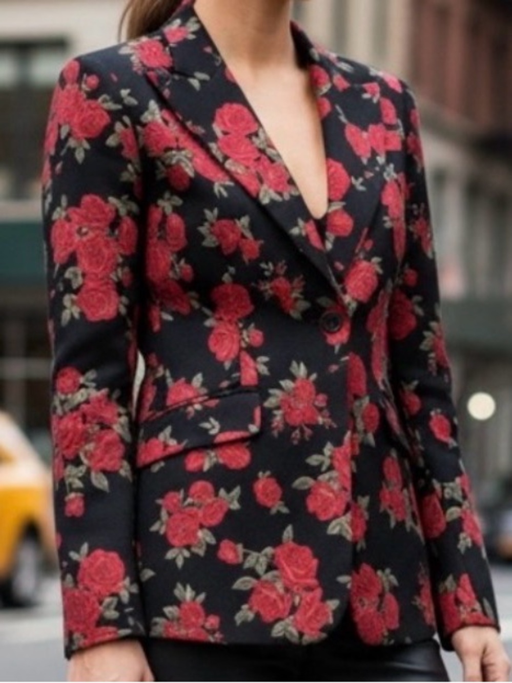 Vintage *90s Moschino Jeans Black Red Rose Print Blazer IT 42 USA 8